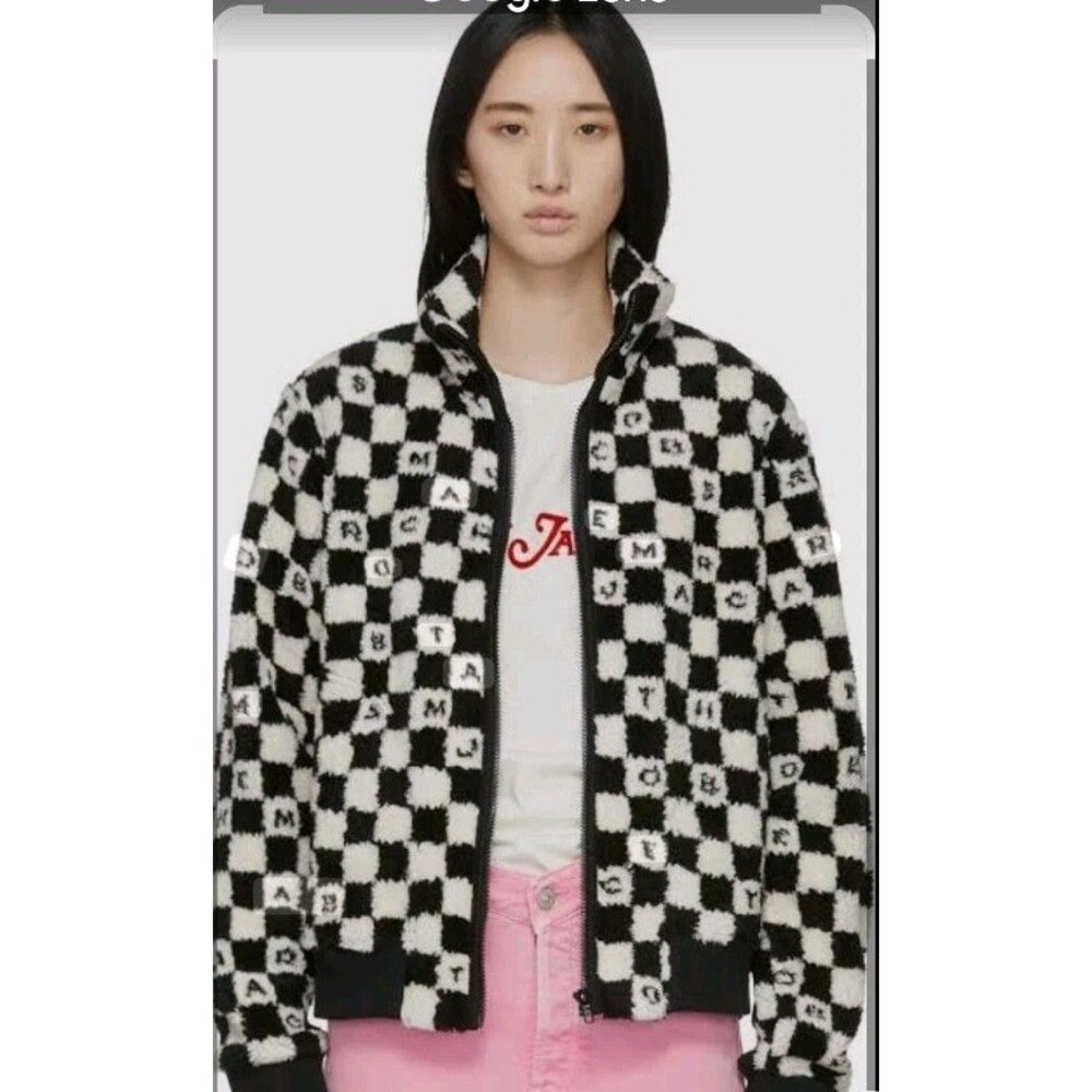 MARC JACOBS The Fleece Checked Logo Sherpa Jacket In Black/white Women M @ Jrack